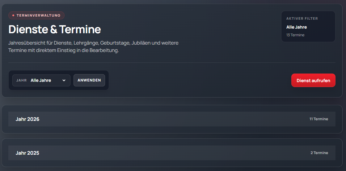 Dienstübersicht im Feuerwehrverwaltungssystem