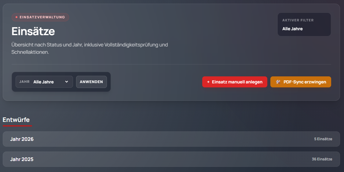 Einsatzübersicht im Feuerwehrverwaltungssystem