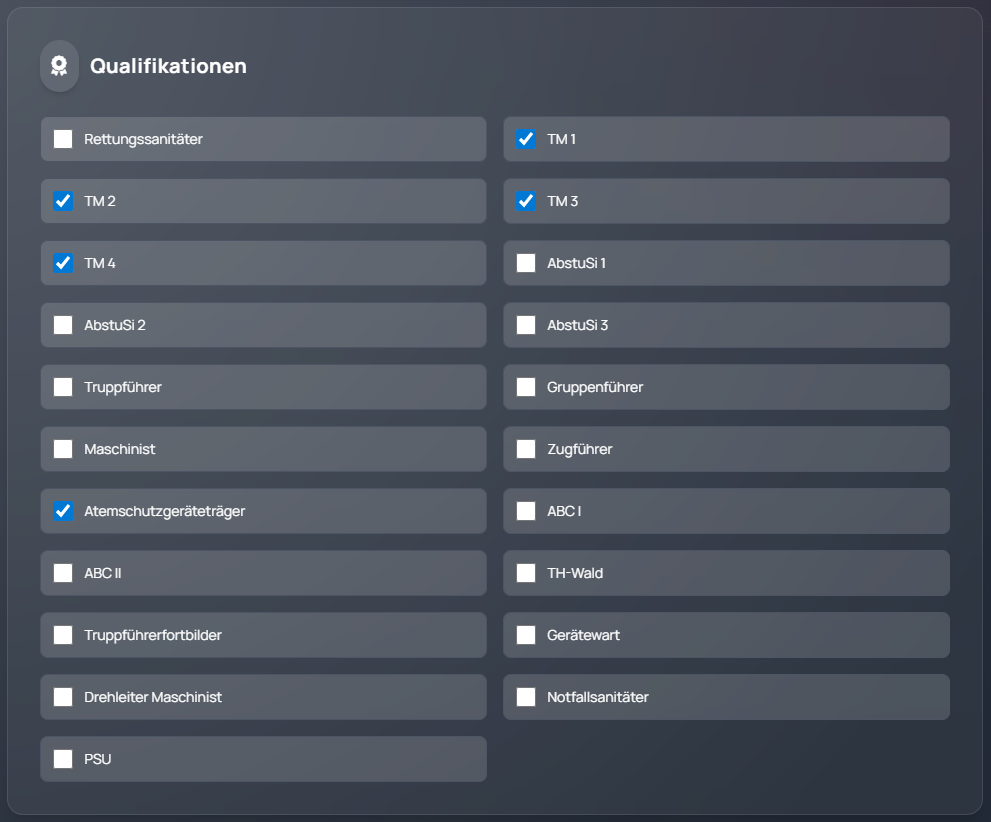 Qualifikationsansicht eines Mitglieds im Feuerwehrverwaltungssystem