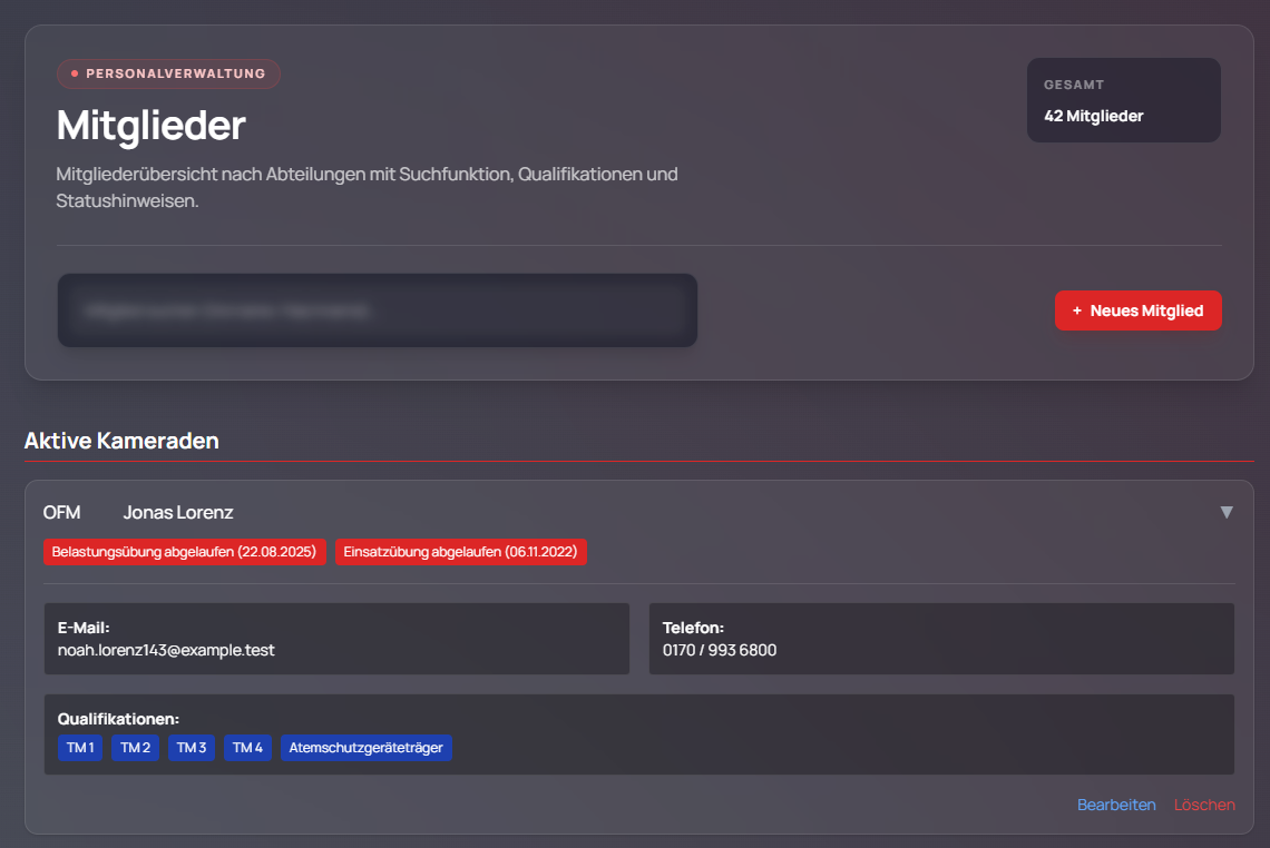 Mitgliederübersicht im Feuerwehrverwaltungssystem